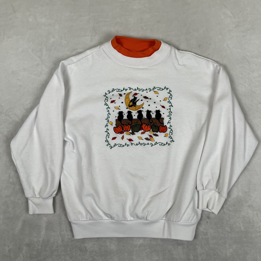 Vintage Halloween Cats Pumpkins Sweatshirt Womens Medium White Mock Neck Fleece